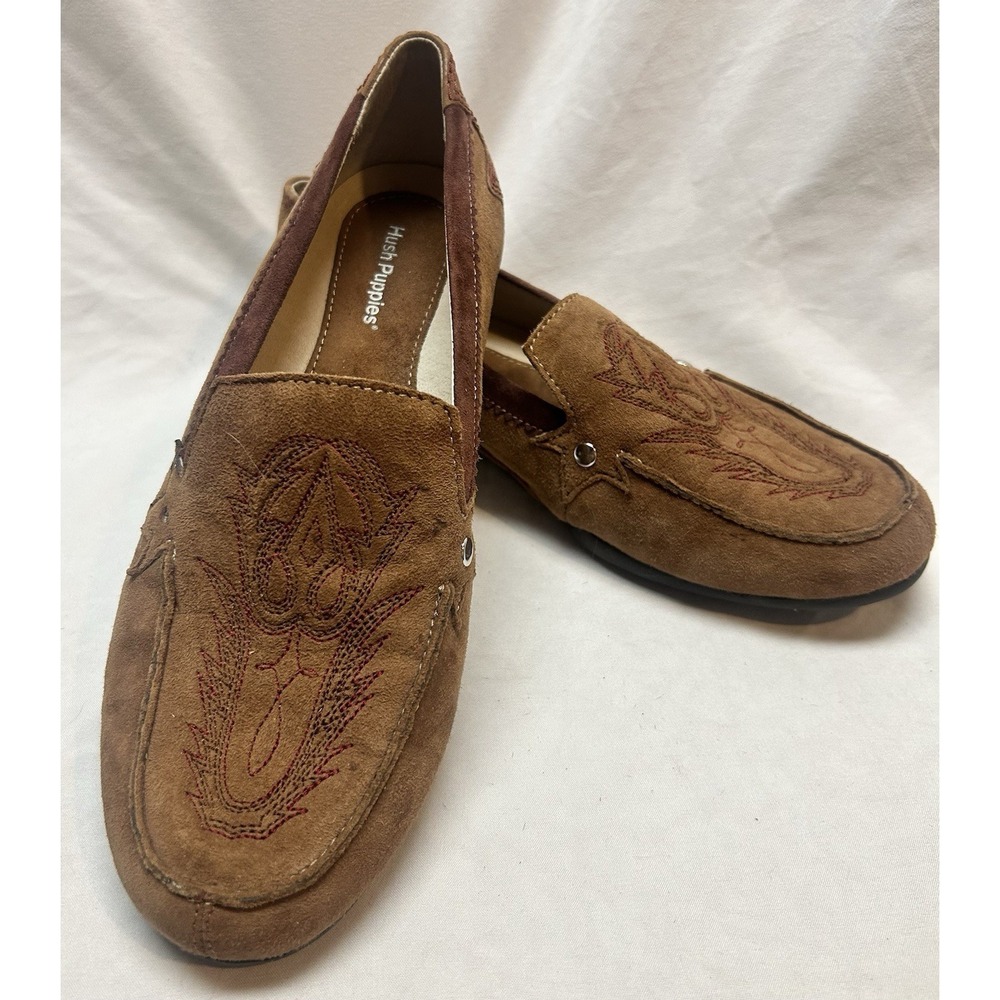 Hush puppies Brown Suede Western Embroidery Loafers 9 M Boho Hippie